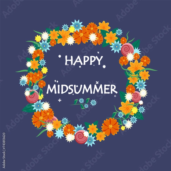 Fototapeta Happy Midsummer greeting poster. Floral wreath and lettering Glad Midsommer. Template for Sweden longest summer day holiday banner background. Vector illustration.