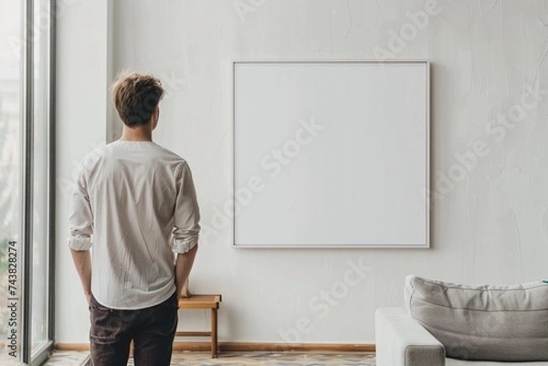 Obraz man looking at empty mockup frame, back view