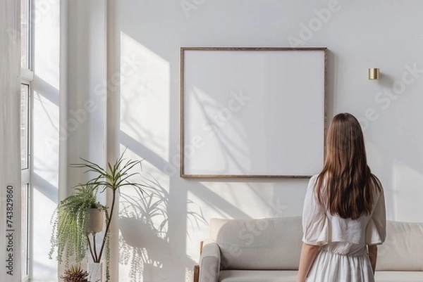 Fototapeta young woman looking at empty mockup frame, back view