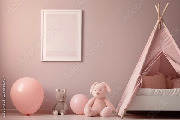 Fototapeta Nursery interior. Bed, toys, photo frame backdrop. Girls pink bedroom. Children's Playroom.