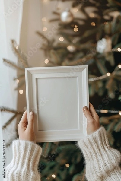 Obraz woman holding empty mockup frame 