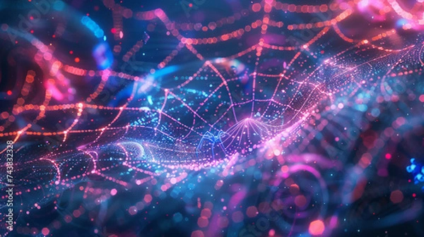 Fototapeta A futuristic technological spider web woven amidst a backdrop of swirling digital patterns and neon lights created by an illustrator