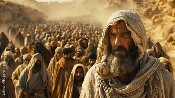 Fototapeta Moses leads jews through desert, biblical journey to promised land in sinai. religious historical escape narrated in bible, showcasing moses leadership and divine intervention in israelite exodus.