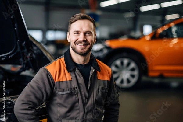 Fototapeta A smiling mechanic in a workshop with cars for repair. Professional auto service.