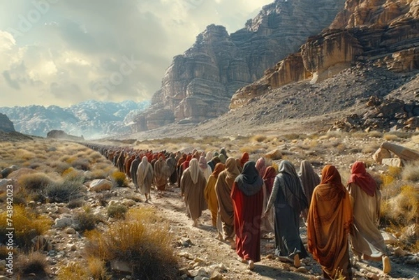 Fototapeta Moses leads jews through desert, biblical journey to promised land in sinai. religious historical escape narrated in bible, showcasing moses leadership and divine intervention in israelite exodus.
