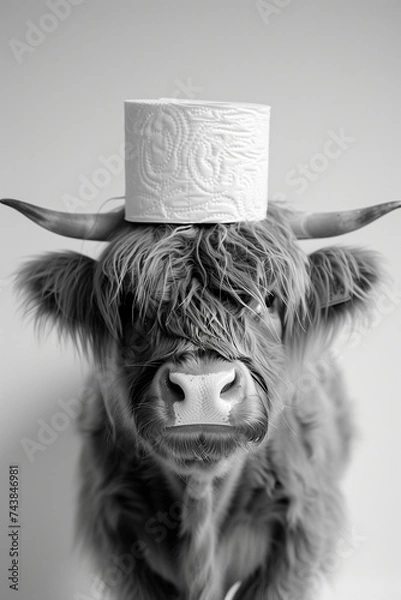 Fototapeta Highland Cow with Toilet Paper Hat in Black and White
