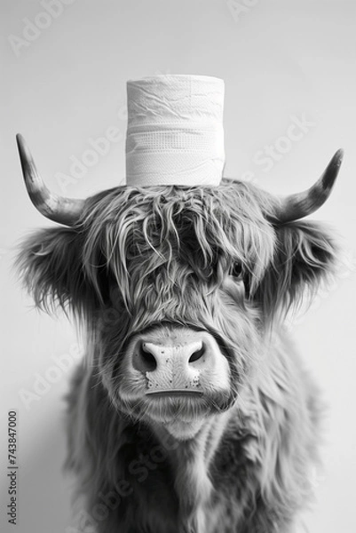 Fototapeta Highland Cow with Toilet Paper Hat in Black and White
