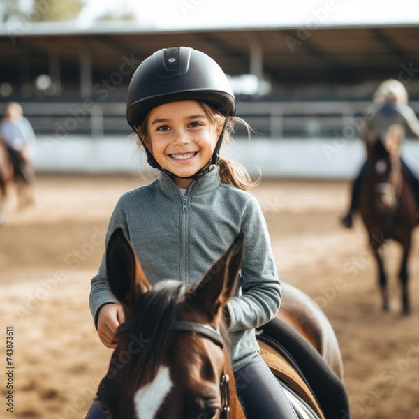 Obraz Joyful Girl Thriving in Equitation Lesson - Horseback Delight!