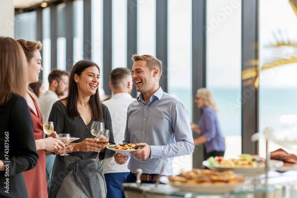 Fototapeta Group of professionals enjoying a light-hearted moment during a networking event, with drinks and snacks, in a modern office setting.

