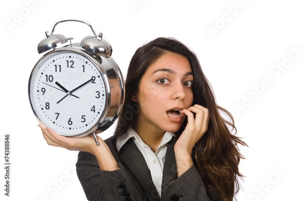 Fototapeta Businesswoman with clock missing her deadlines