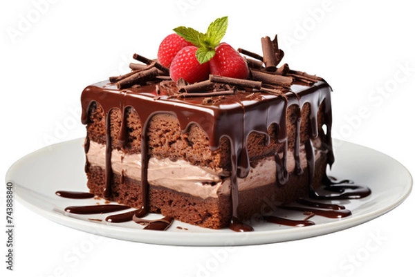 Obraz Chocolate Cake on White Plate. A piece of chocolate cake sits on a pristine white plate. The rich, decadent cake is topped with a glossy chocolate ganache, inviting a delicious indulgence.