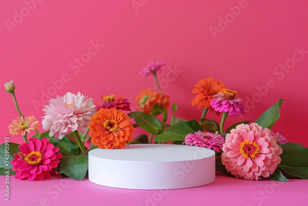 Fototapeta Vibrant assorted zinnia flowers surrounding a blank round pedestal against a pink background with ample copy space for text, ideal for beauty and nature concepts