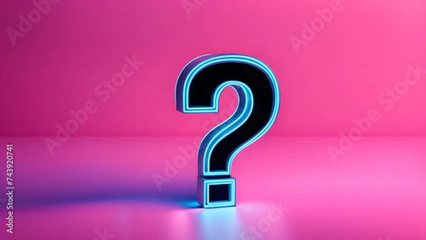 Obraz Retro Neon Background with 3D Question Mark Icon Shines Light on the Importance of FAQ, Support, Help Center, and Question Answer Sign or Symbol