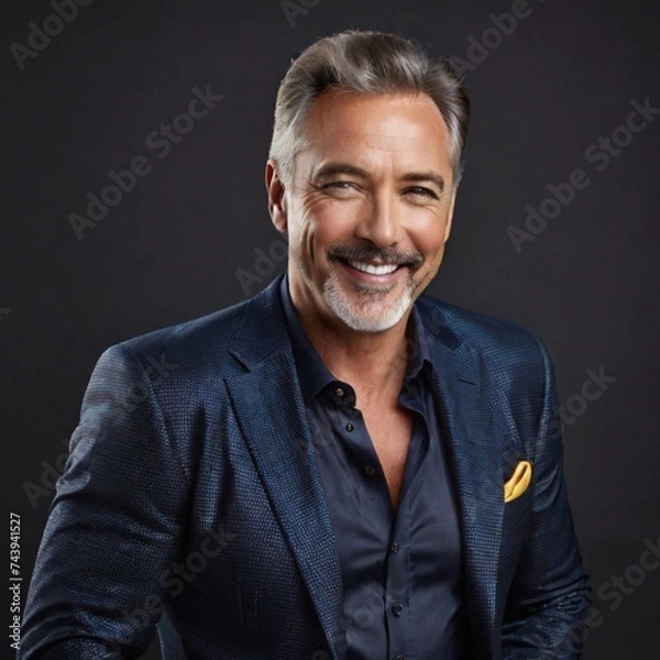 Fototapeta A middle aged man in a neat suit looking straight ahead and smiling charmingly