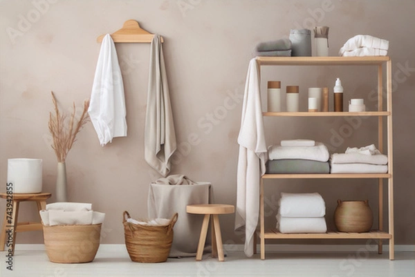 Fototapeta Bathroom interior with natural materials and colors, featuring a wooden shelf with towels, a stool, and a basket.