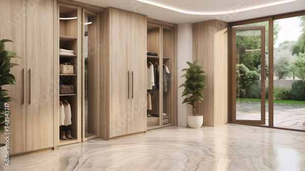 Fototapeta Showcase of modern home interior design with wooden closets and marble floor in 3D rendering