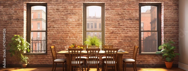 Fototapeta Exposed brick wall in a dining room with a wooden table and chairs, plants by the windows, and a view of the city outside.