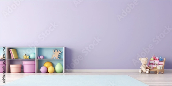 Fototapeta 3D rendering of a child's room with a bookshelf, toys, and a rug on the floor with a purple wall in the background.