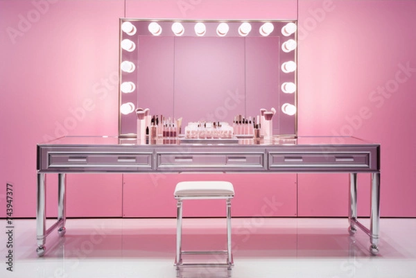 Fototapeta A vanity table with a mirror, stool, and makeup products in a pink room.