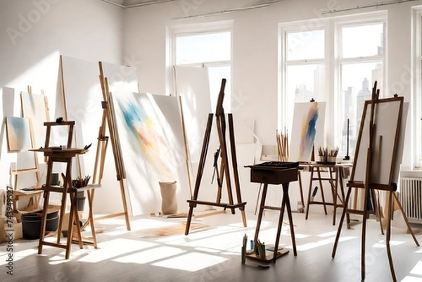 Fototapeta A minimalist artist's studio with white walls, a large easel, and organized art supplies in a sunlit space