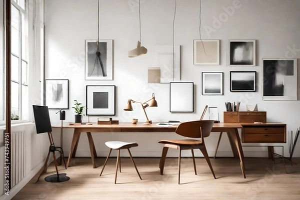 Fototapeta A minimalist study with a large, wooden desk, a comfortable leather chair, and a series of simple, framed artworks