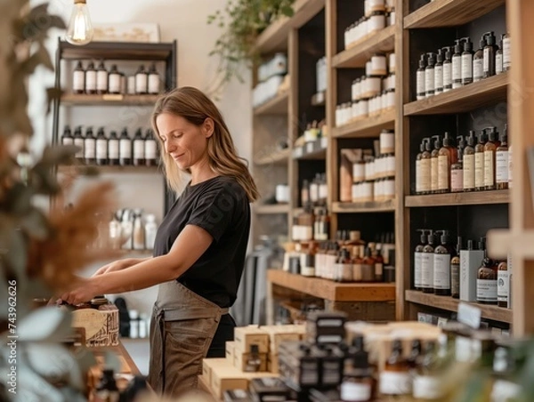 Obraz A small boutique store with the owner arranging products on shelves