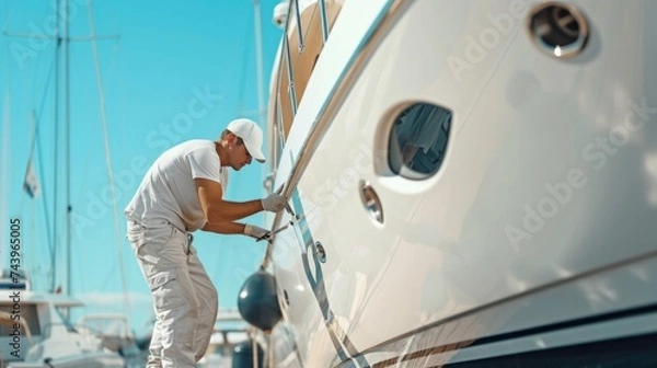 Fototapeta Repairing boat body by puttying close up work after the accident by working sanding primer before painting. The mechanic repair the boat.