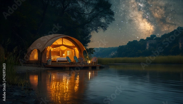Fototapeta Tent in Nature with a Stunning View of the Night Sky
