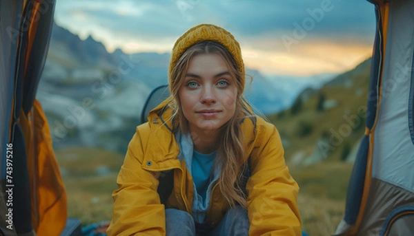 Fototapeta Girl in tent with a beautiful view of nature. Concept: Living in Harmony with Nature