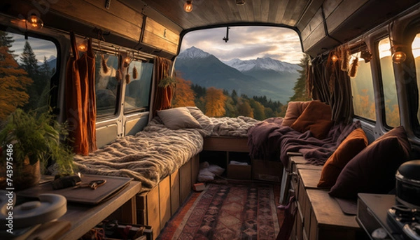 Fototapeta View from the camper van onto beautiful nature. Concept: Living in Harmony with Nature
