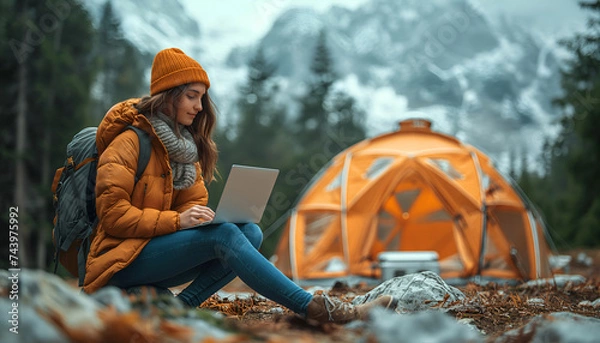 Fototapeta Girl Working on Laptop in Nature While Camping: Concept of Office in the Wild