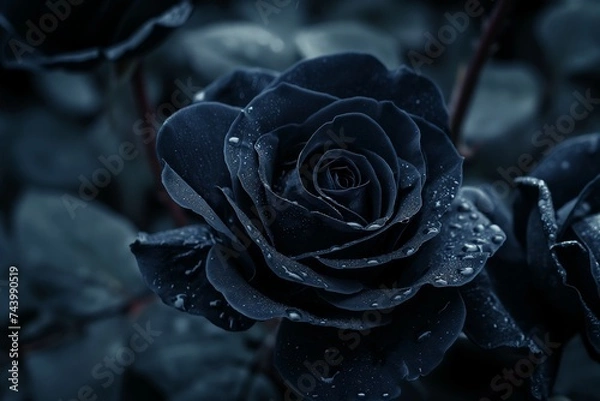 Obraz a black rose covered in dew drops on a dark natural background