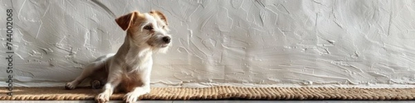 Fototapeta Cute relaxed dog lying on cool mat in hot day , white wall background, summer heat. ai generated