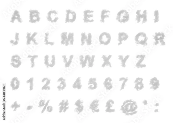 Fototapeta Cloud letters and numbers and symbols on transparent background. White uppercase alphabets in shape of smoke or clouds.	