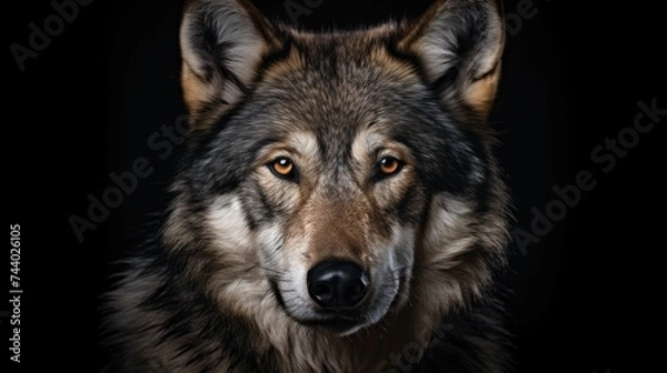 Fototapeta Close up of a wolf's face on a black background. Suitable for wildlife and nature themes