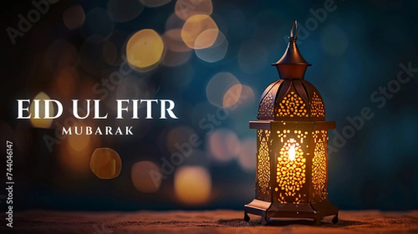 Fototapeta Happy Eid ul fitr background Ornamental Arabic lantern glowing - Eid Mubarak