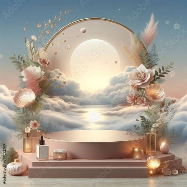 Fototapeta A podium backdrop designed to showcase products against a backdrop of natural beauty, featuring a dreamy sky background in a romantic 3D scene.
