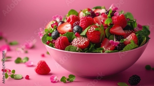 Fototapeta  a close up of a bowl of food with strawberries and raspberries on a pink background with leaves and flowers scattered around the bowl and scattered around the bowl.
