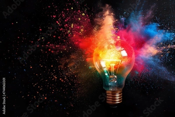 Obraz bunte Farbexplosion in einer Glühbirne vor dunklem Hintergrund
