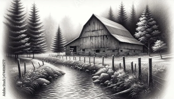 Fototapeta A pencil drawing showcasing a serene countryside landscape with a rustic barn, tall trees, and a meandering stream. The intricate details highlight the artist's craftsmanship. AI Generated