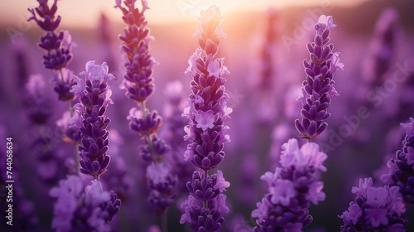 Fototapeta  a field of lavender flowers with the sun setting in the backgrounnd of the field in the distance, with a blurry background of the field of lavender flowers in the foreground.