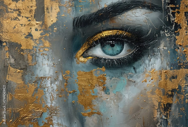 Fototapeta Women's eyes.Splashes of bright paint on the canvas. Interior painting. Beautiful background. Generative AI.