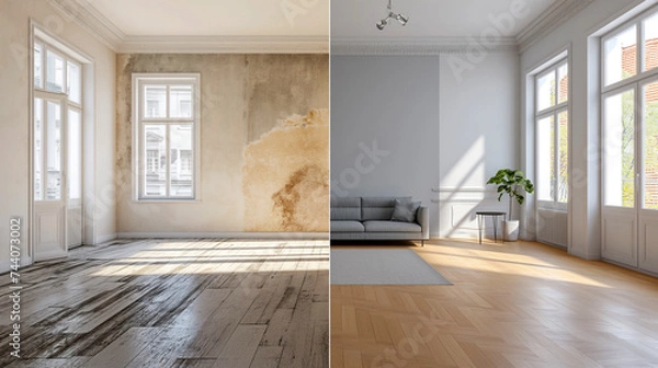 Obraz Before and after room renovation, wall painting. Modern apartment renovation. The interior of a house being constructed, restoration process, home refurnishment