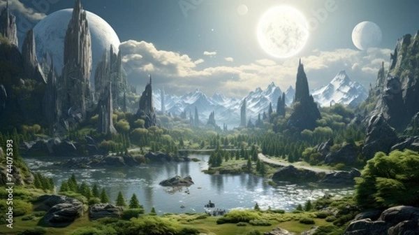 Fototapeta Terraformed landscape on a distant planet, where humans have adapted to a new environment and established a harmonious colony. Concept of habitable exoplanets
