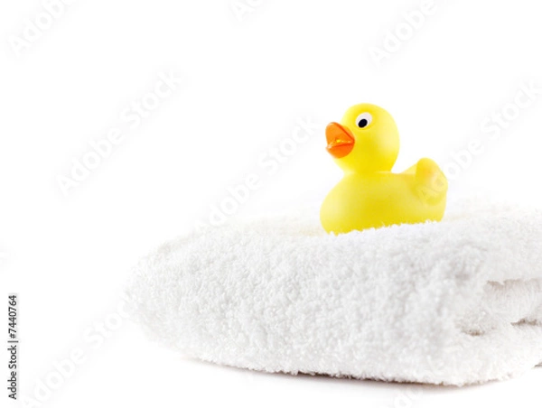 Fototapeta Rubber duck on white towel