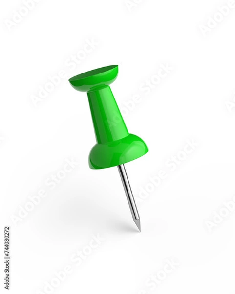 Obraz Realistic 3D green push pin isolated on white background.