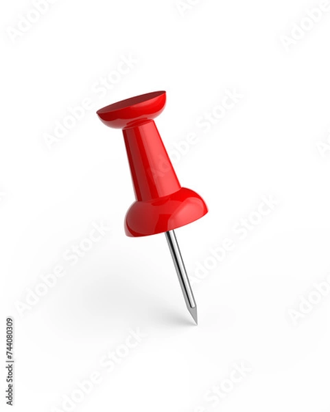 Obraz Realistic 3D red push pin isolated on white background.