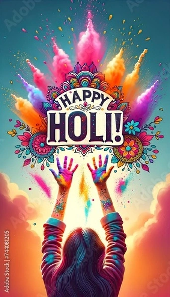 Fototapeta Capturing a joyous moment with hands throwing colorful powders into the air against a bright sky, adorned with decorative elements. AI Generative