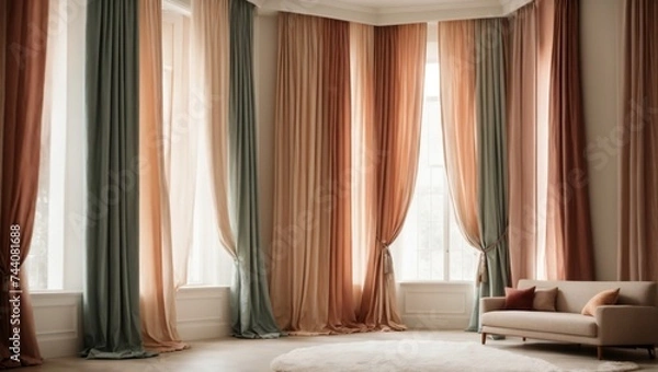 Fototapeta full curtains in an apartment light-colored room with subtle pops of color depth of field background. Earth-natural colors subtle pops of color high-contrasting feminine natural materials home design