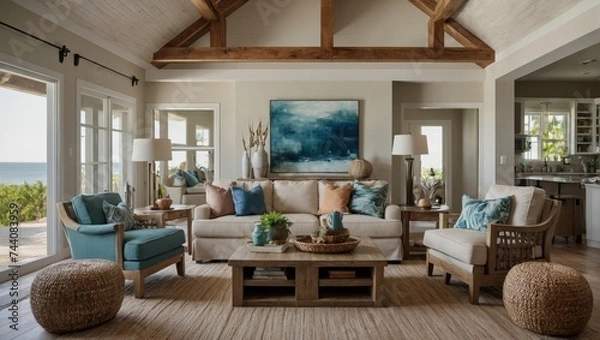 Obraz beautiful small space casual living family room soft neutral wood beams and a gorgeous grouping of swivel color fabric chairs around a striking coffee table coastal design nature freshness home